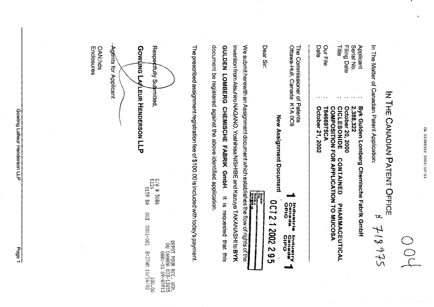 Canadian Patent Document 2388322. Assignment 20021021. Image 1 of 2
