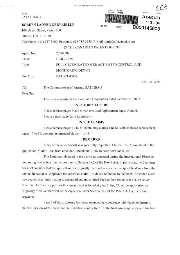 Canadian Patent Document 2388389. Prosecution-Amendment 20031221. Image 1 of 7