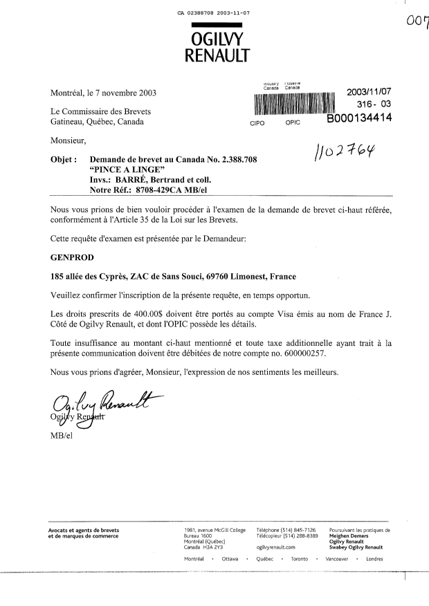 Canadian Patent Document 2388708. Prosecution-Amendment 20031107. Image 1 of 1