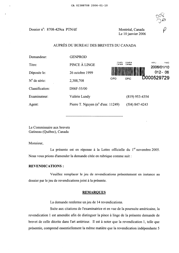 Canadian Patent Document 2388708. Prosecution-Amendment 20060110. Image 1 of 6