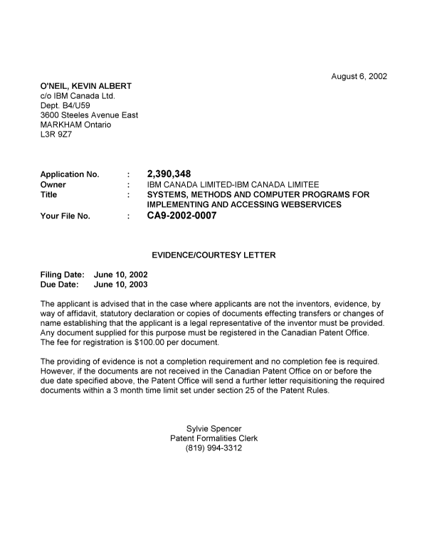 Document de brevet canadien 2390348. Correspondance 20020730. Image 1 de 1