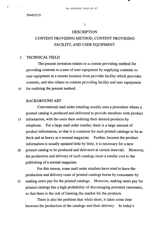Canadian Patent Document 2390435. Description 20011207. Image 1 of 34