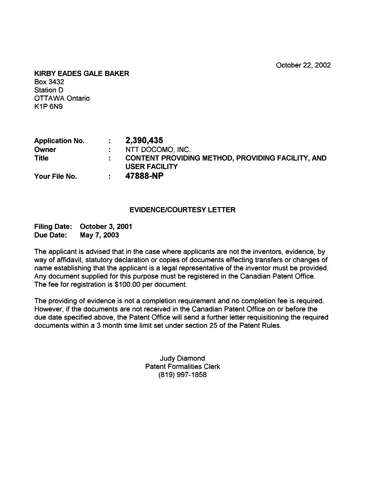 Canadian Patent Document 2390435. Correspondence 20011217. Image 1 of 1