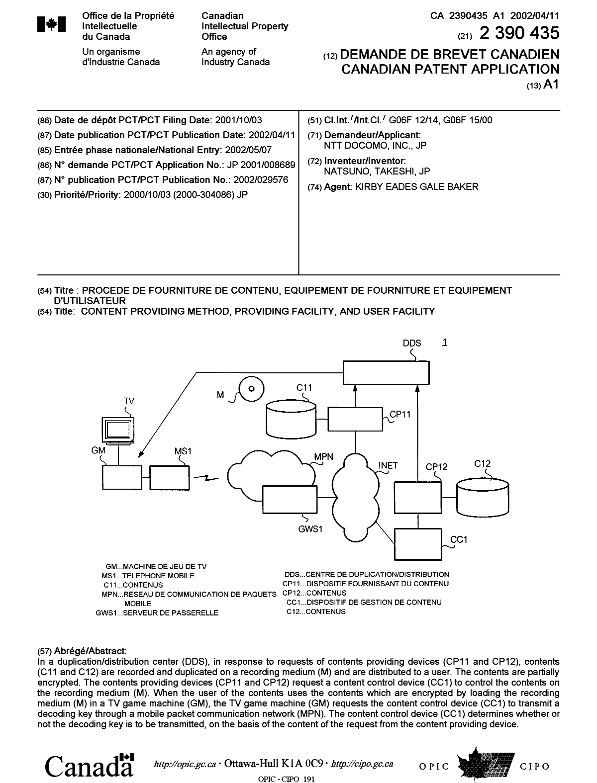 Canadian Patent Document 2390435. Cover Page 20011221. Image 1 of 1