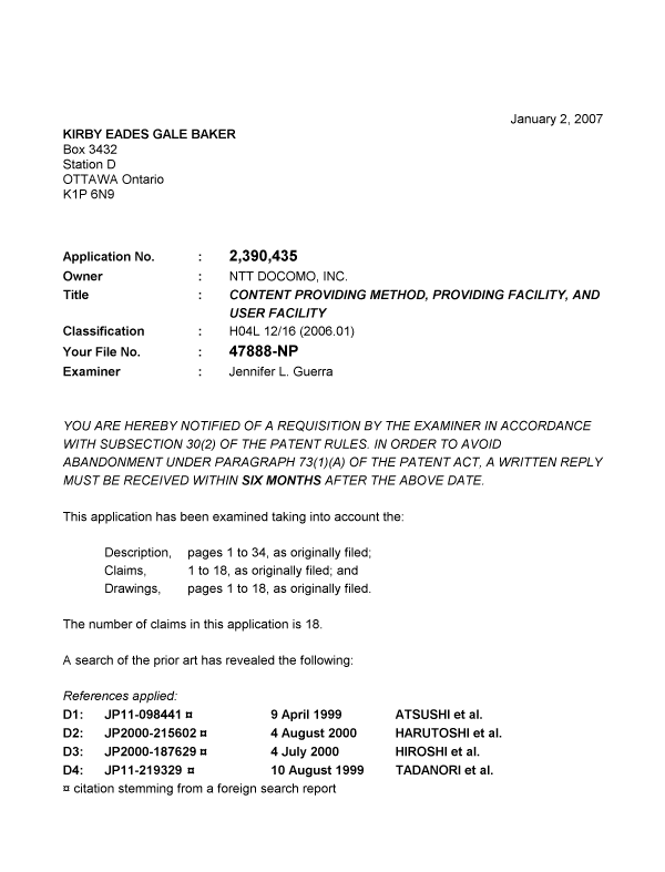 Document de brevet canadien 2390435. Poursuite-Amendment 20061202. Image 1 de 5