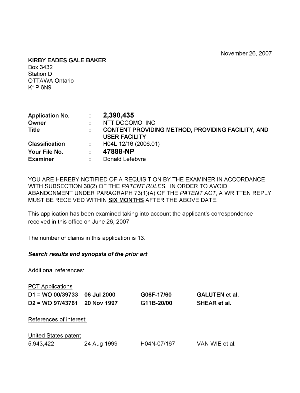 Document de brevet canadien 2390435. Poursuite-Amendment 20061226. Image 1 de 8