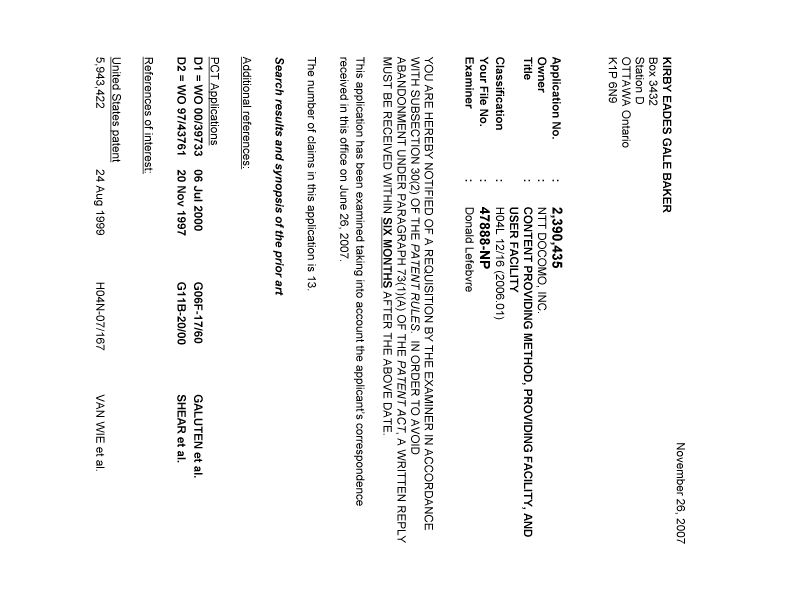 Canadian Patent Document 2390435. Prosecution-Amendment 20061226. Image 1 of 8