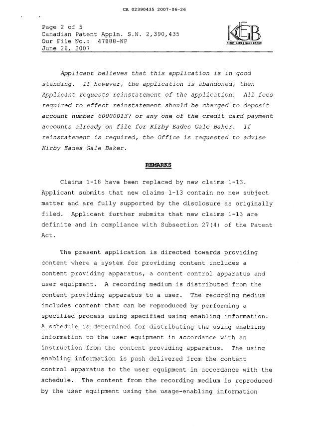 Canadian Patent Document 2390435. Prosecution-Amendment 20070626. Image 2 of 10