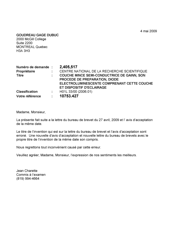 Document de brevet canadien 2390435. Correspondance 20081204. Image 1 de 1