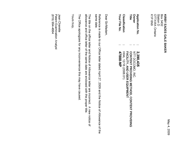 Canadian Patent Document 2390435. Correspondence 20081204. Image 1 of 1