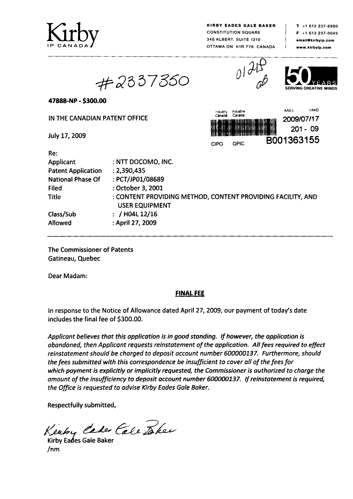 Canadian Patent Document 2390435. Correspondence 20081217. Image 1 of 1
