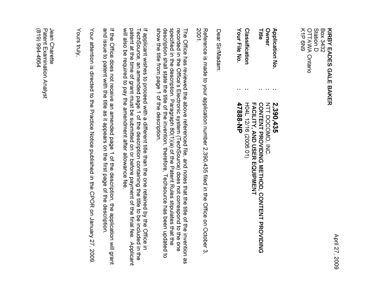 Canadian Patent Document 2390435. Correspondence 20081227. Image 1 of 1