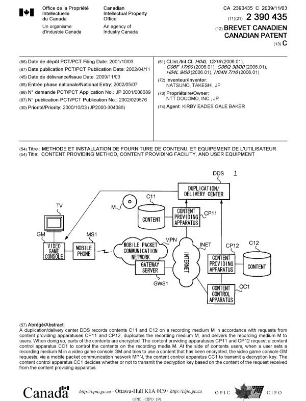 Canadian Patent Document 2390435. Cover Page 20091008. Image 1 of 1