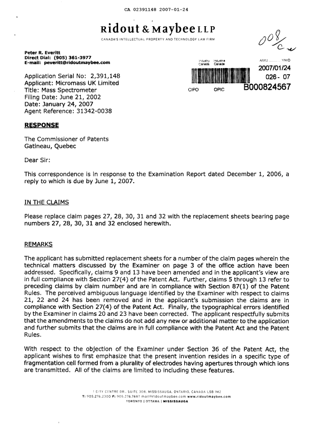Canadian Patent Document 2391148. Prosecution-Amendment 20070124. Image 1 of 7