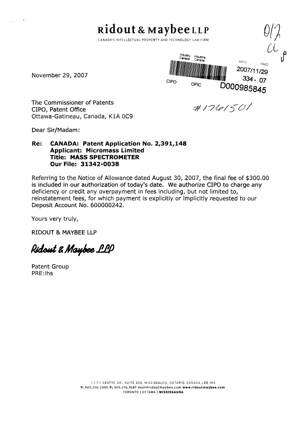 Canadian Patent Document 2391148. Correspondence 20071129. Image 1 of 1