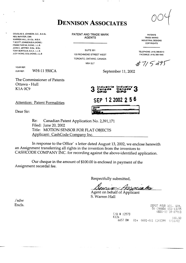 Document de brevet canadien 2391171. Cession 20020912. Image 1 de 4