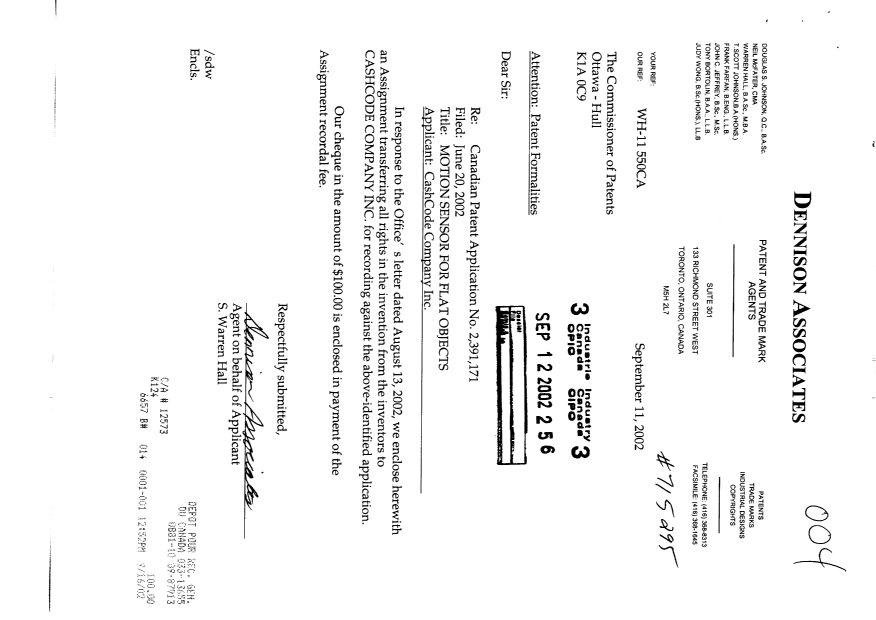 Canadian Patent Document 2391171. Assignment 20020912. Image 1 of 4