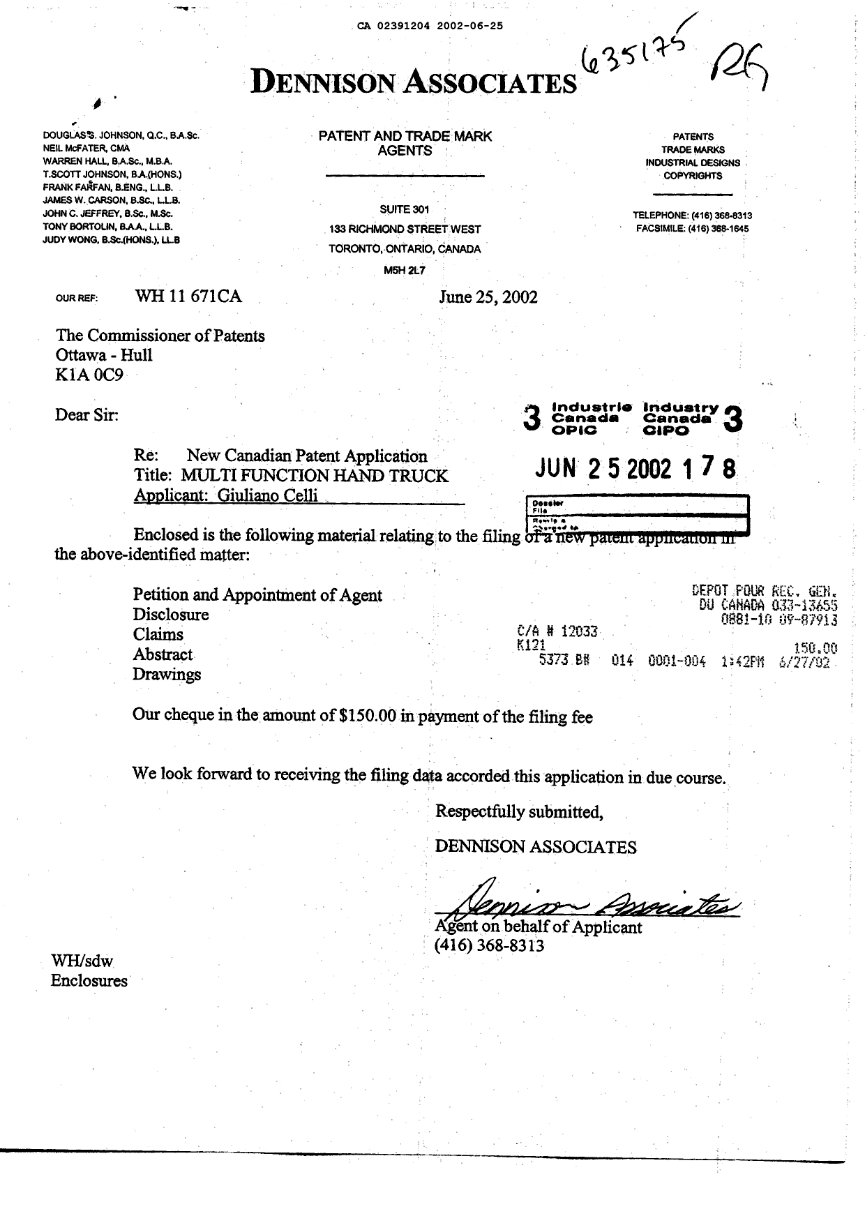 Document de brevet canadien 2391204. Cession 20020625. Image 1 de 3