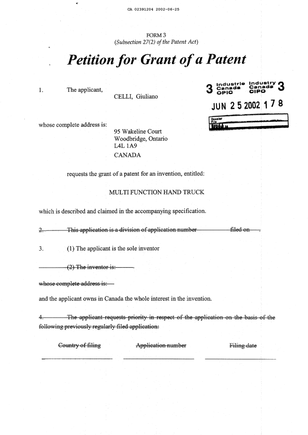 Document de brevet canadien 2391204. Cession 20020625. Image 2 de 3