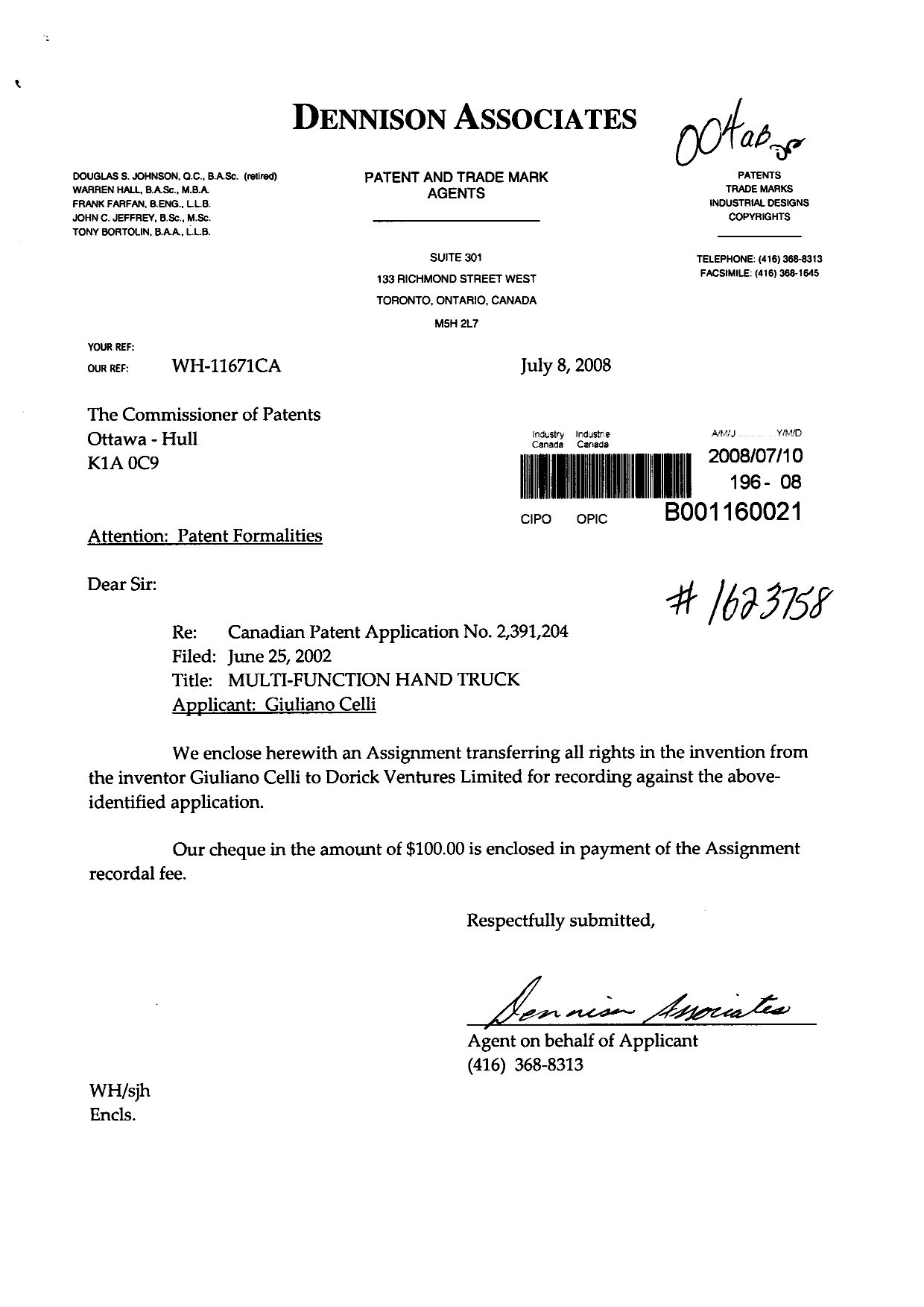 Document de brevet canadien 2391204. Cession 20080710. Image 1 de 3