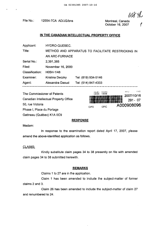 Canadian Patent Document 2391385. Prosecution-Amendment 20061216. Image 1 of 8
