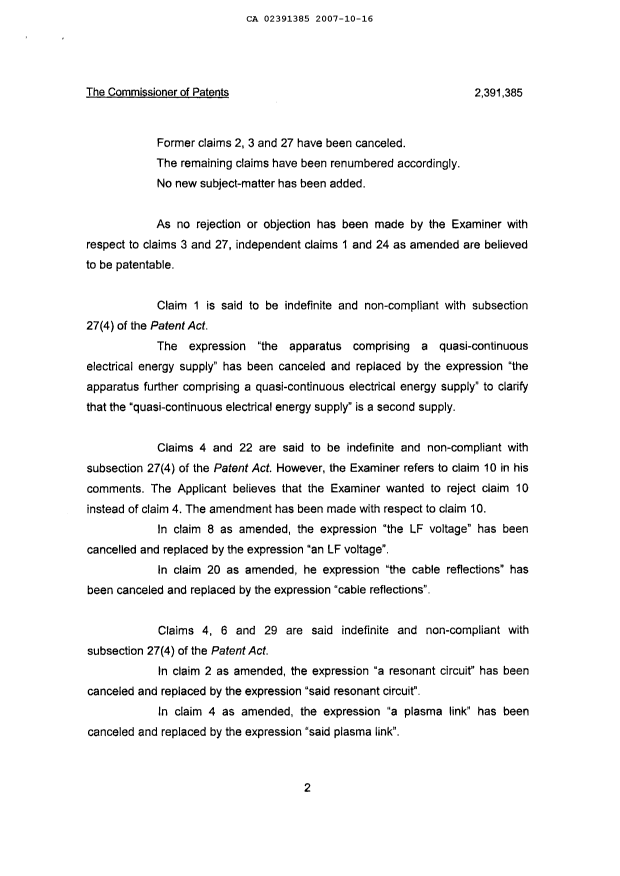 Document de brevet canadien 2391385. Poursuite-Amendment 20061216. Image 2 de 8