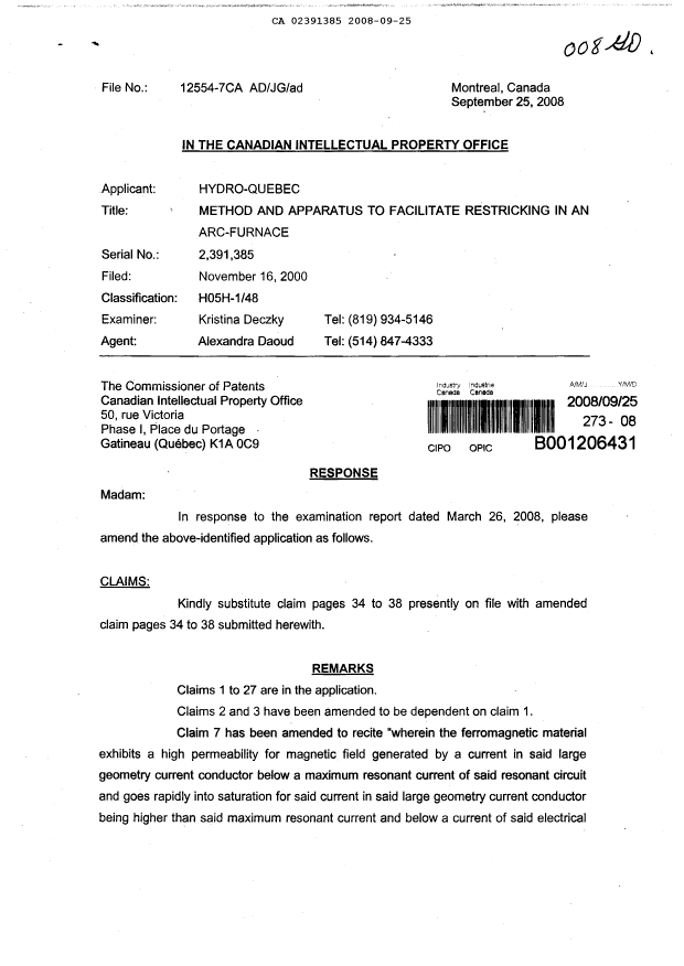 Document de brevet canadien 2391385. Poursuite-Amendment 20071225. Image 1 de 8