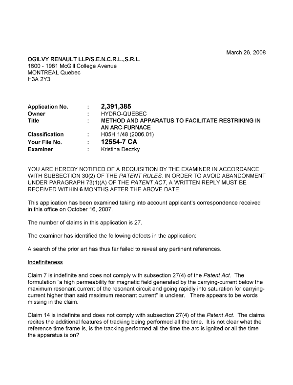 Document de brevet canadien 2391385. Poursuite-Amendment 20071226. Image 1 de 2