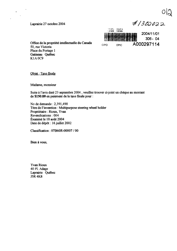 Document de brevet canadien 2391490. Correspondance 20031201. Image 1 de 1