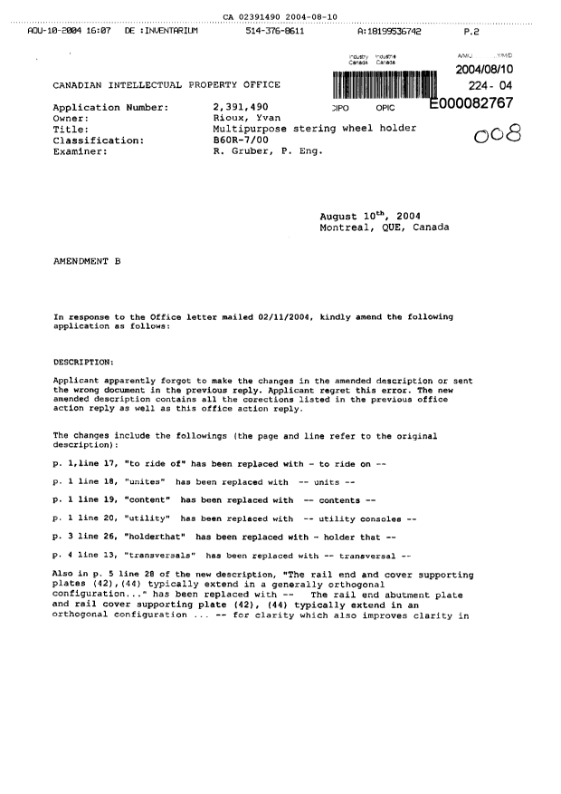 Canadian Patent Document 2391490. Prosecution-Amendment 20040810. Image 1 of 12