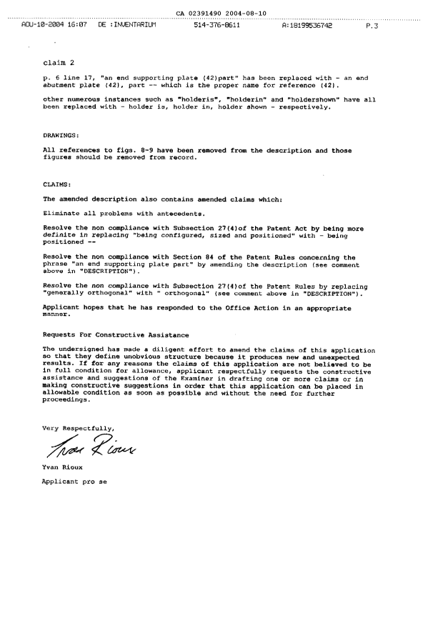 Document de brevet canadien 2391490. Poursuite-Amendment 20040810. Image 2 de 12