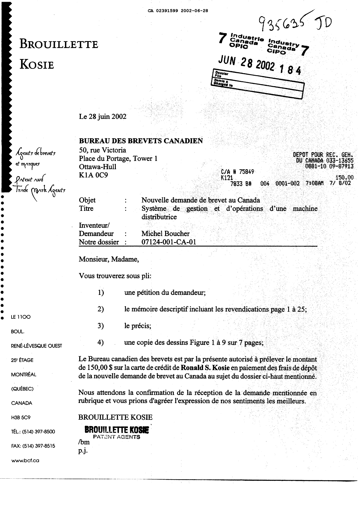 Canadian Patent Document 2391599. Assignment 20020628. Image 1 of 2