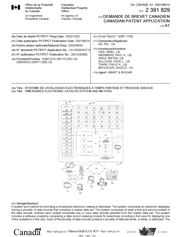 Document de brevet canadien 2391829. Page couverture 20021104. Image 1 de 2