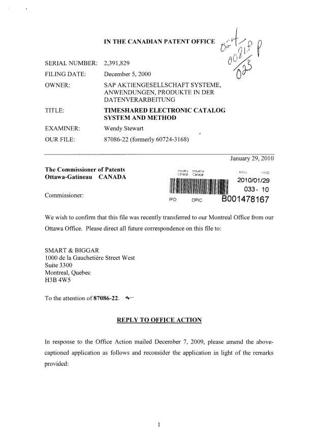 Document de brevet canadien 2391829. Cession 20100129. Image 1 de 9