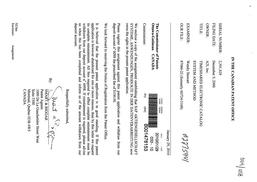 Canadian Patent Document 2391829. Correspondence 20100129. Image 1 of 1
