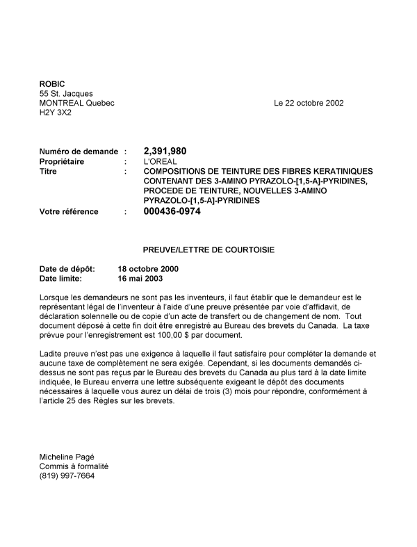 Canadian Patent Document 2391980. Correspondence 20021021. Image 1 of 1