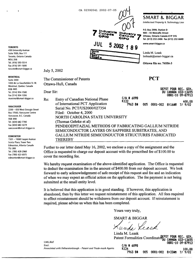 Canadian Patent Document 2392041. Prosecution-Amendment 20020705. Image 1 of 1