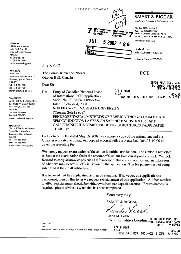 Document de brevet canadien 2392041. Cession 20020705. Image 1 de 7