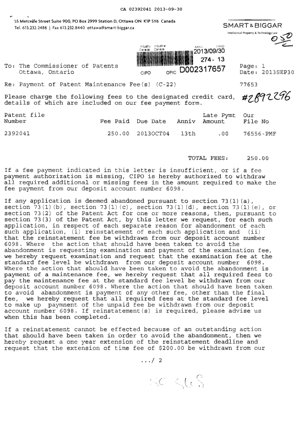 Document de brevet canadien 2392041. Taxes 20130930. Image 1 de 2