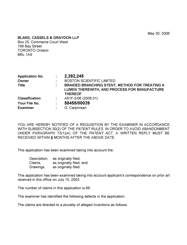 Document de brevet canadien 2392245. Poursuite-Amendment 20060530. Image 1 de 4