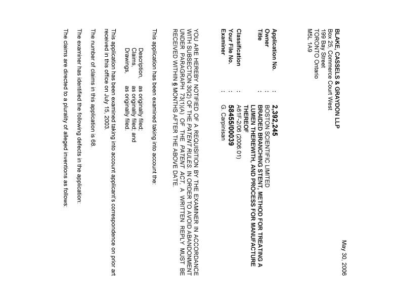 Canadian Patent Document 2392245. Prosecution-Amendment 20060530. Image 1 of 4