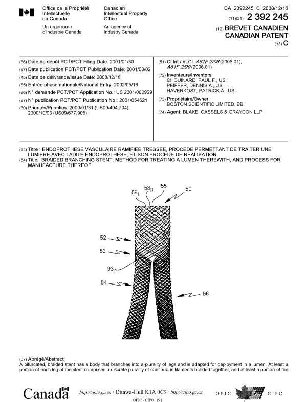 Canadian Patent Document 2392245. Cover Page 20081126. Image 1 of 2