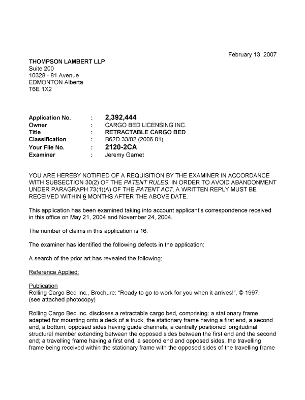 Document de brevet canadien 2392444. Poursuite-Amendment 20061213. Image 1 de 3
