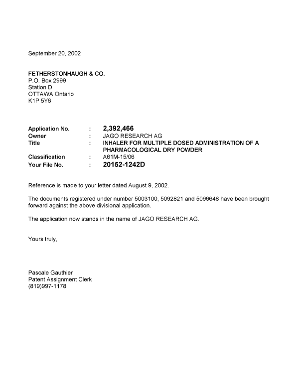 Canadian Patent Document 2392466. Correspondence 20020920. Image 1 of 1
