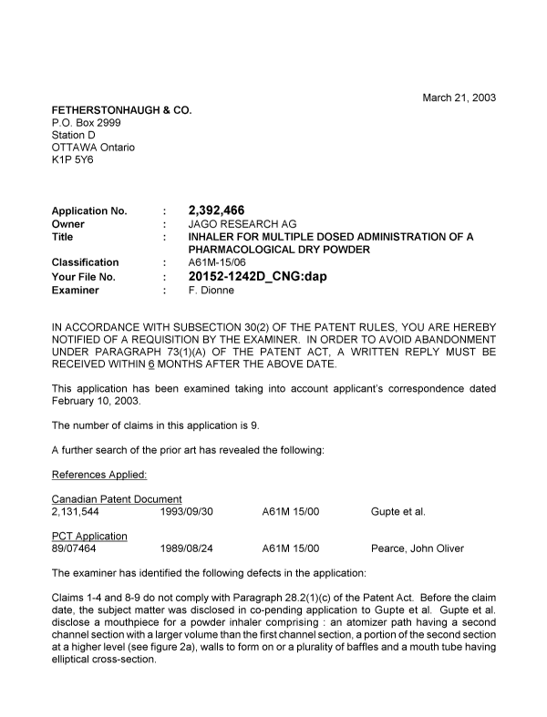 Canadian Patent Document 2392466. Prosecution-Amendment 20030321. Image 1 of 2