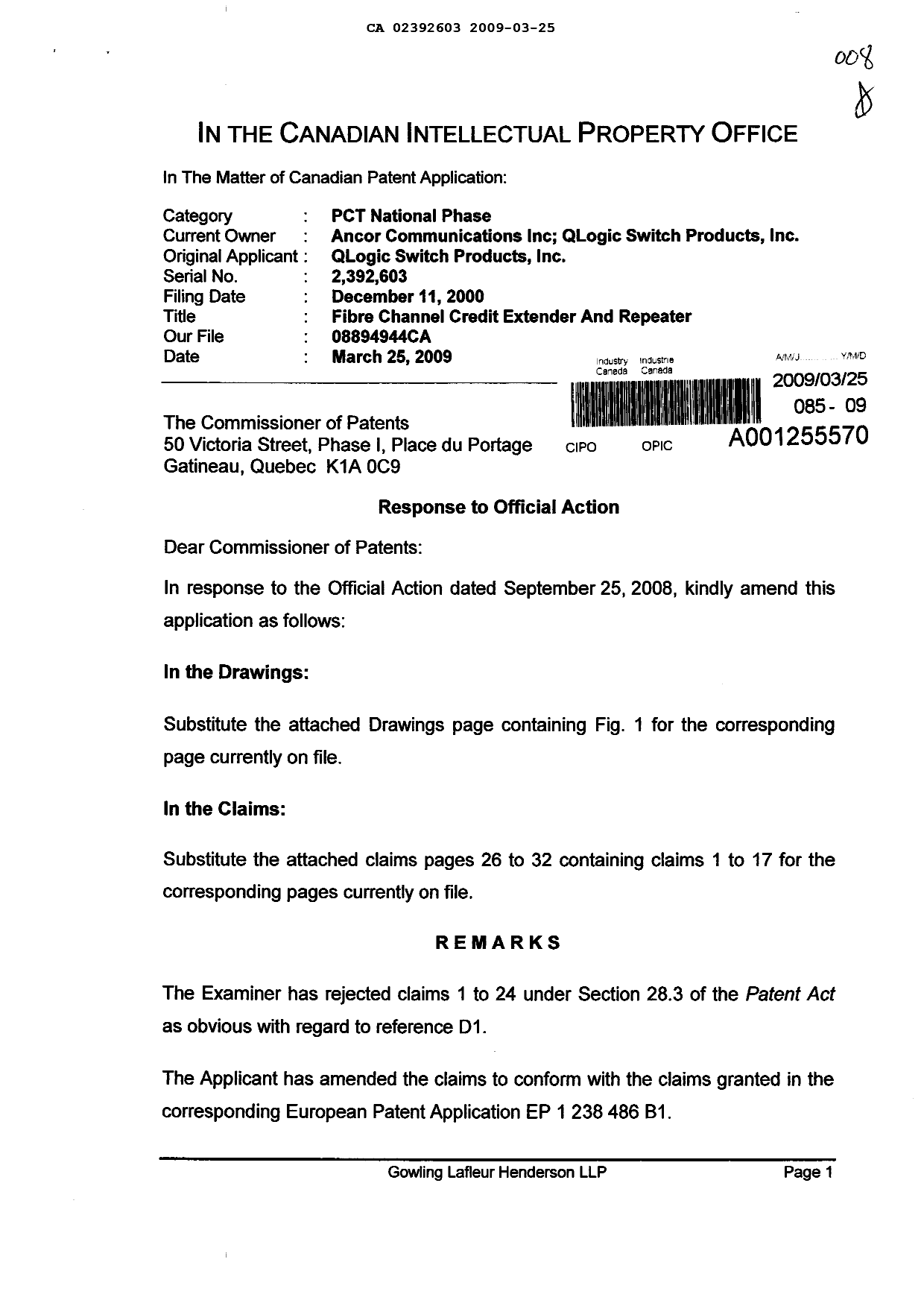 Canadian Patent Document 2392603. Prosecution-Amendment 20090325. Image 1 of 12