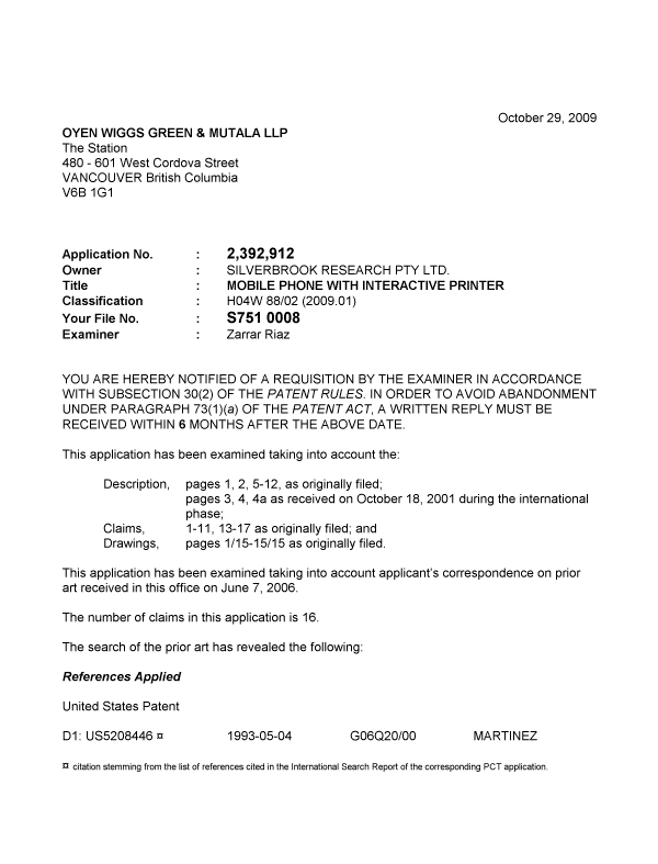 Canadian Patent Document 2392912. Prosecution-Amendment 20091029. Image 1 of 6