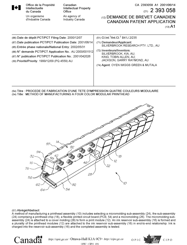 Canadian Patent Document 2393058. Cover Page 20011201. Image 1 of 1