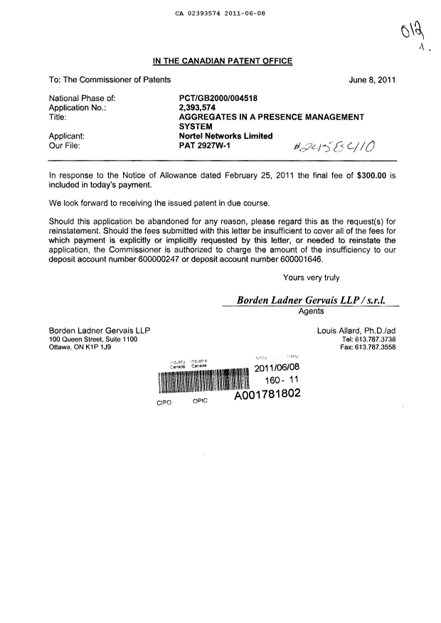 Canadian Patent Document 2393574. Correspondence 20101208. Image 1 of 1