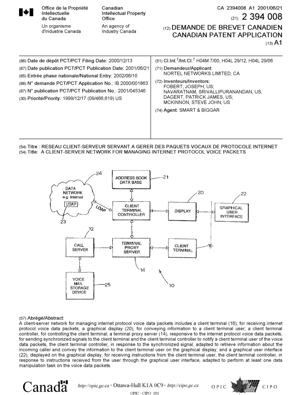 Document de brevet canadien 2394008. Page couverture 20021121. Image 1 de 1